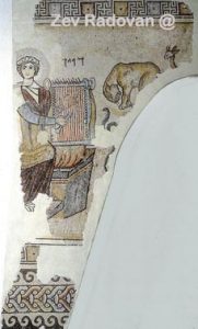 946. MOSAIC FLOOR FROM THE 4TH. C. A.D. SYNAGOGUE IN GAZA, DEPICTING KING DAVID PLAYING THE LYRE. HEBREW LETTERS ABOVE THE LYRE READ: "DAVID" © <i> synagogues.kinneret.ac.il </i>