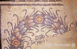 1503. HUSEYFA, REMAINS OF THE MOSAIC FLOOR OF THE 6TH. C. SYNAGOGUE INSCRIBED SHALOM AL ISRAEL;  "PEACE ON ISRAEL " © <i> synagogues.kinneret.ac.il </i>